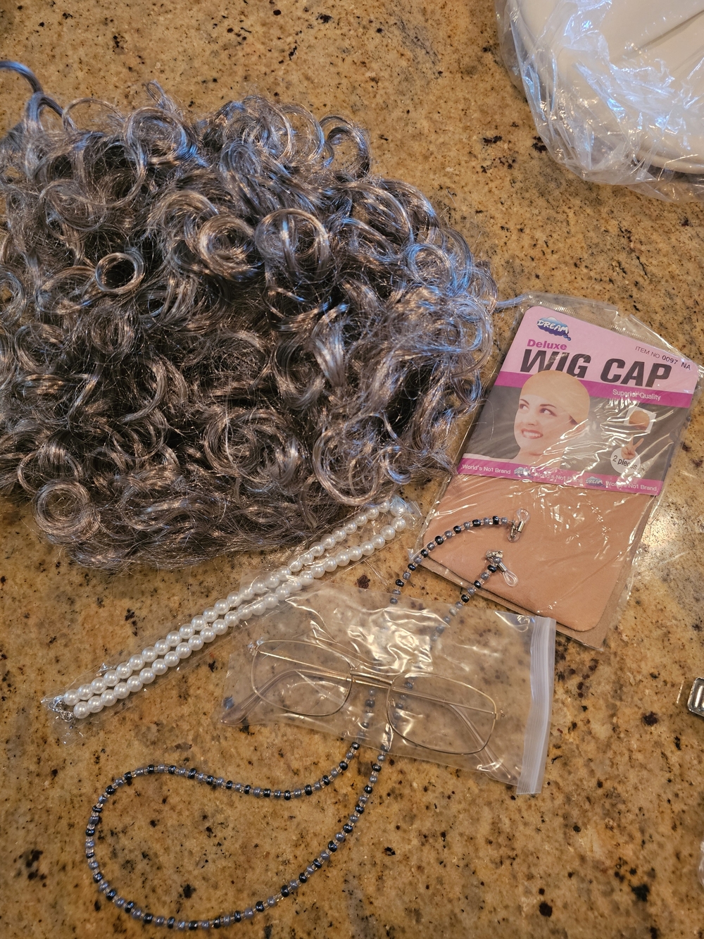 New Deluxe Black & Silver Curly Wig with Wig Cap Jewlery For Costume